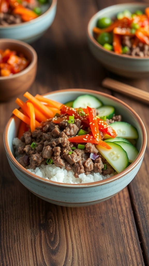 Korean Beef Bowls with Kimchi featuring ground beef, rice, kimchi, and fresh vegetables in a colorful presentation.